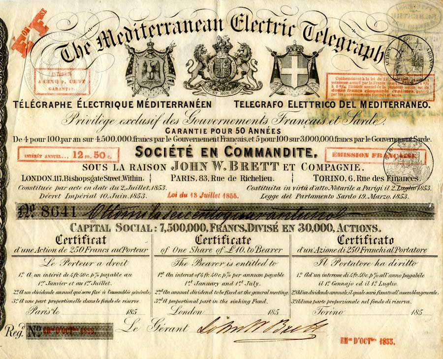 Share certificate for the. Mediterranean Electric Telegraph,